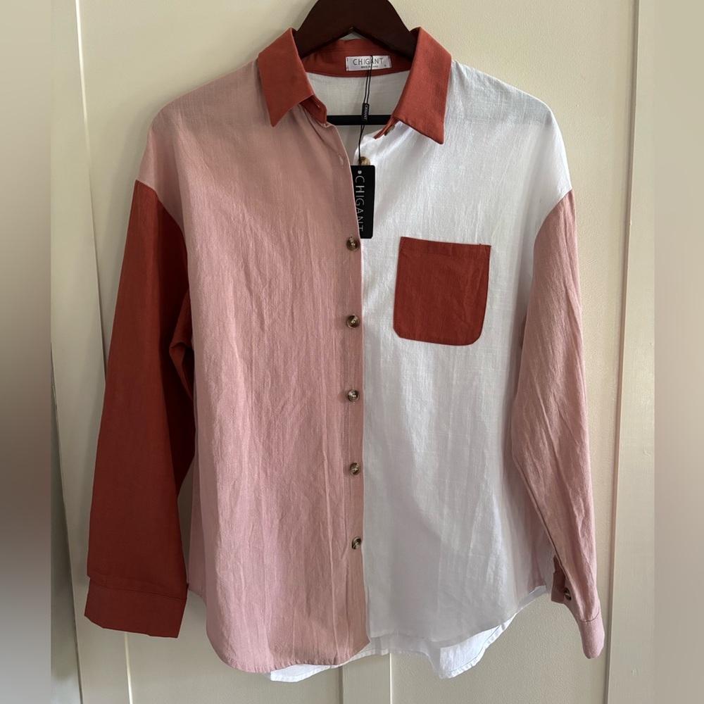 Chigant Color Block 100% Cotton Button Up